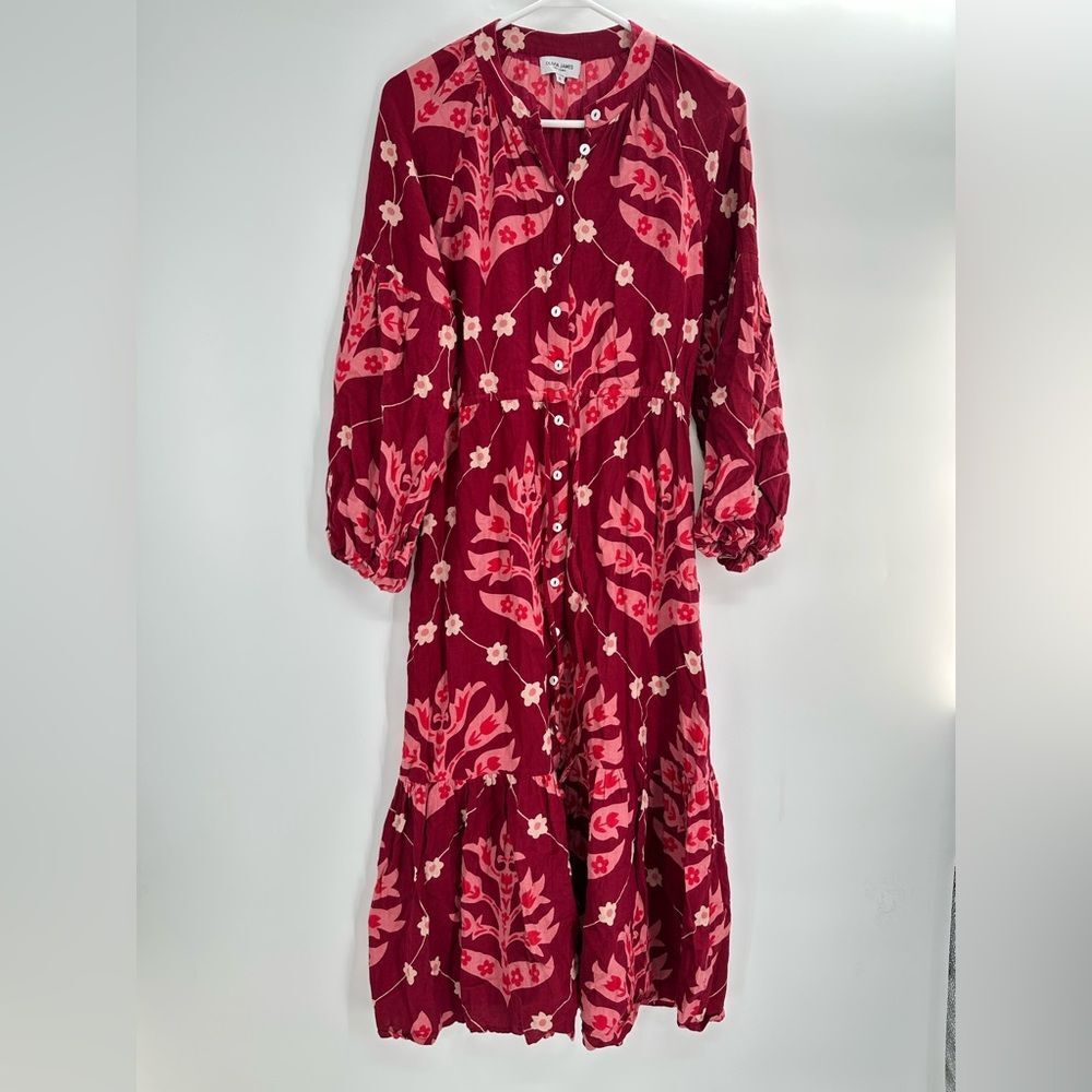 Olivia James The Label Pink Red Floral Cotton Button Front Midi Dress Size Small